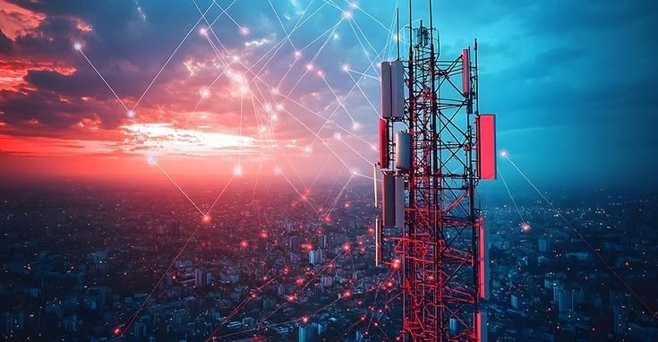 Telecom tower against a city skyline with a 5G network overlay